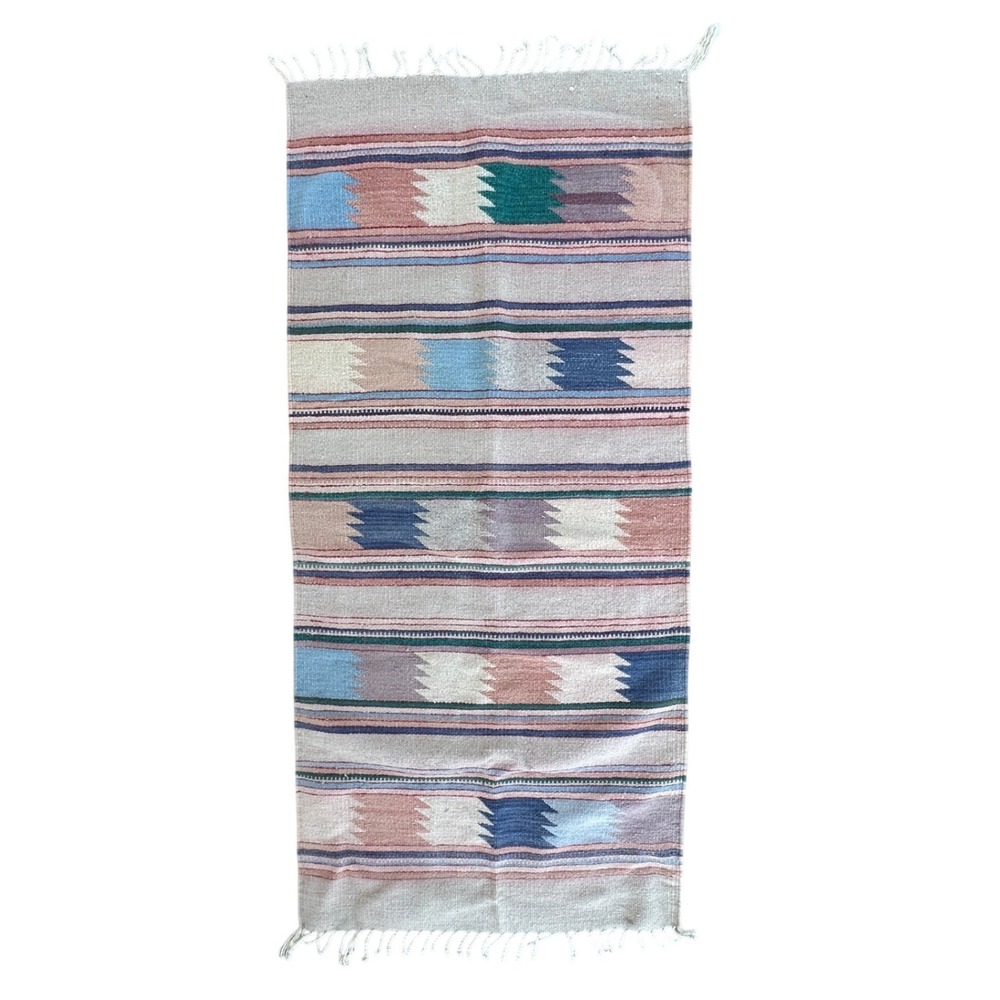 Vintage Southwestern Handwoven Wool Runner Rug Pastel Geometric Fringed Western